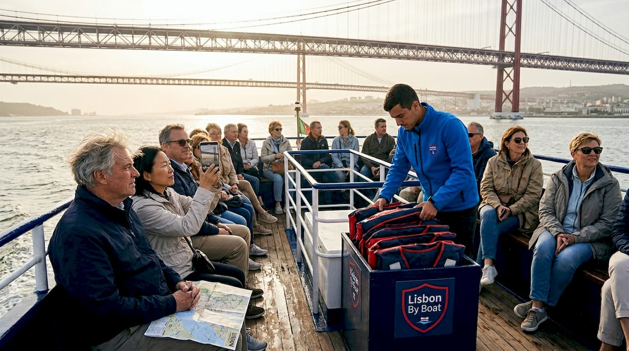 Tourists enjoying boat cruise on Tagus River
