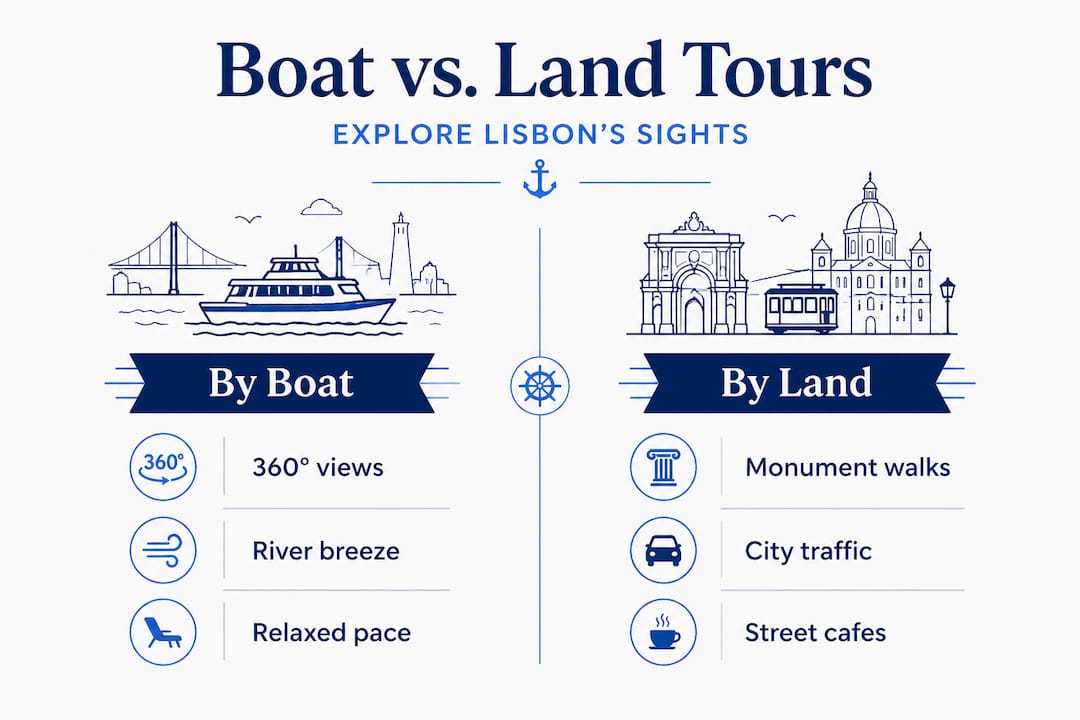 Infographic comparing Lisbon sightseeing by boat and land