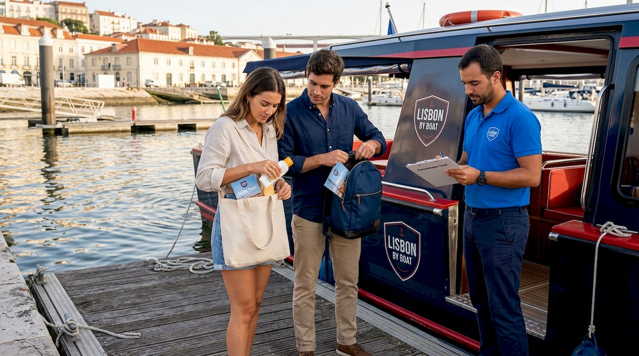 Couple preparing for Lisbon boat tour