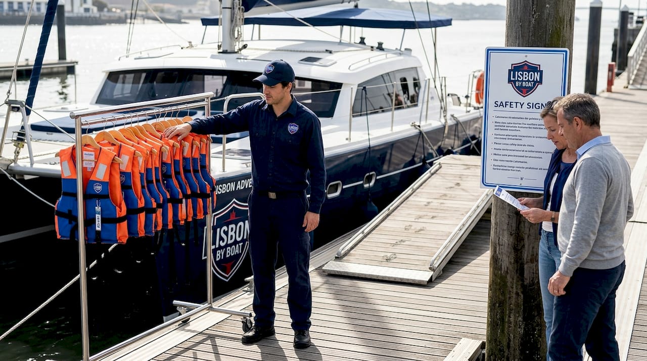 Crew inspecting tour boat at Lisbon dock