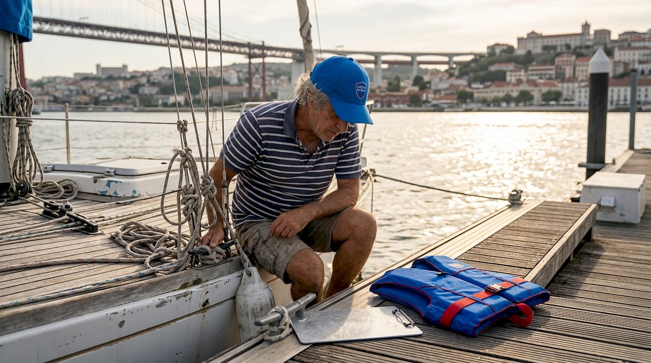 Captain checking ropes at Lisbon dock