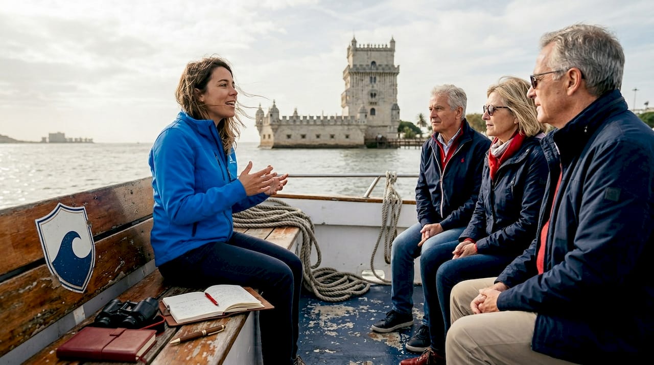 Guide sharing historic story on boat deck