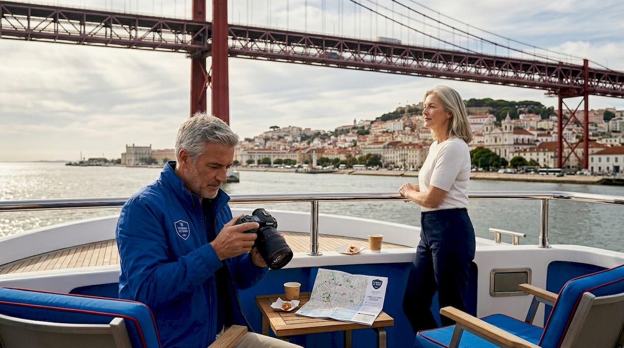 Couple enjoying Lisbon yacht deck views