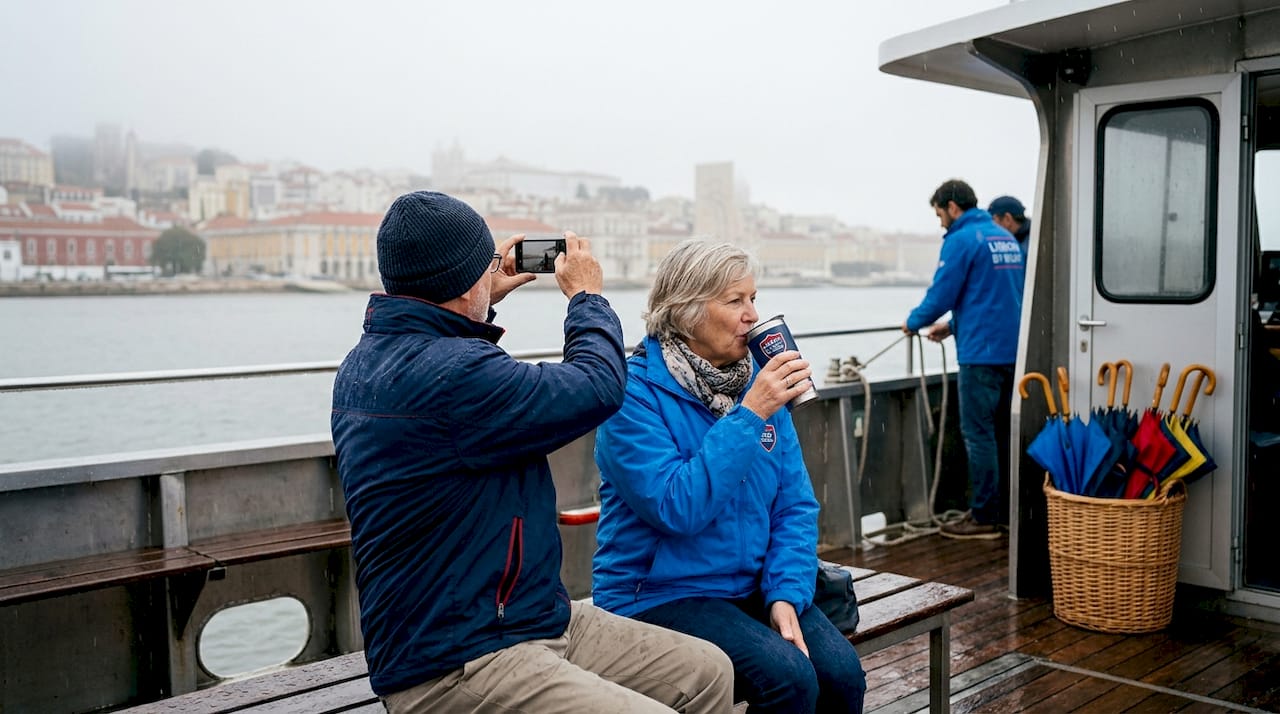 Tourists on Lisbon boat during light rain