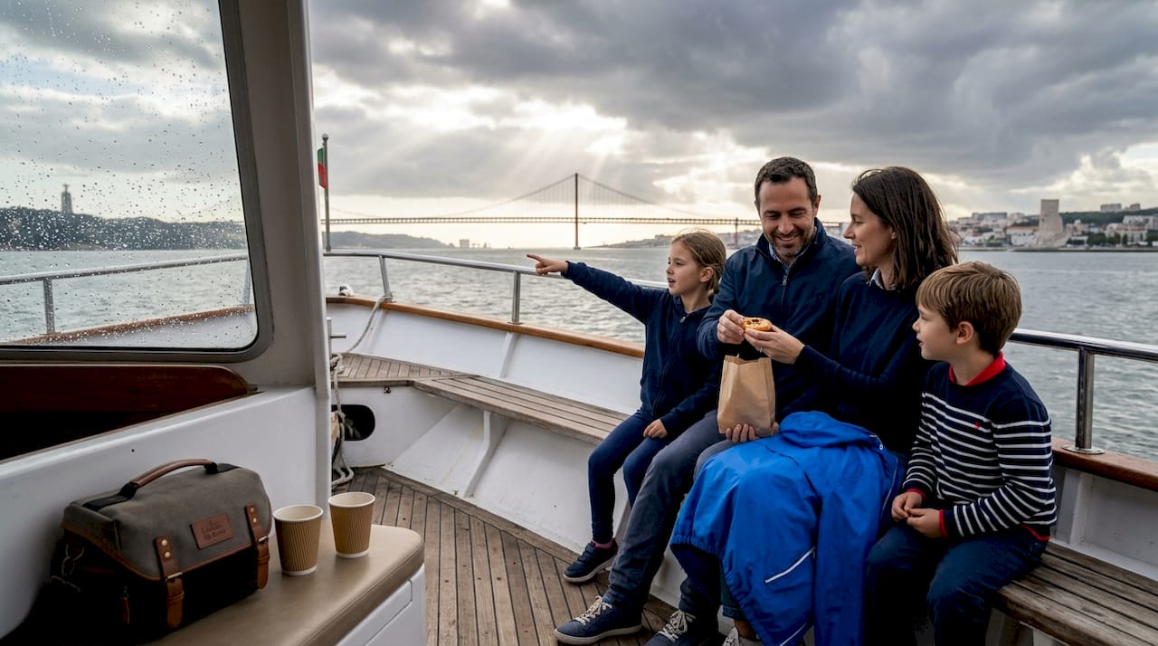 Family on Lisbon boat tour watching changing weather