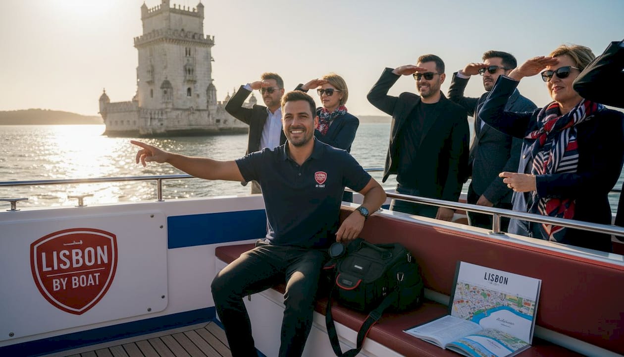 Tourists view Belém Tower from boat