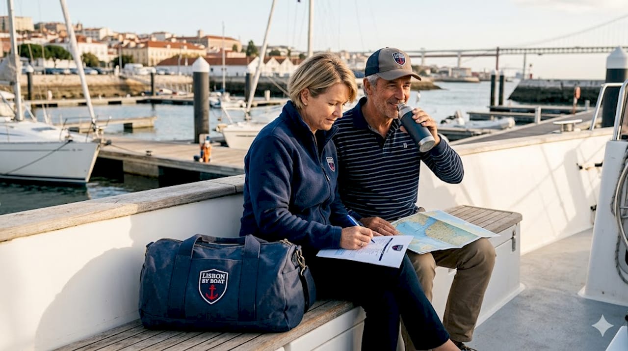 Couple reviewing Lisbon private cruise itinerary
