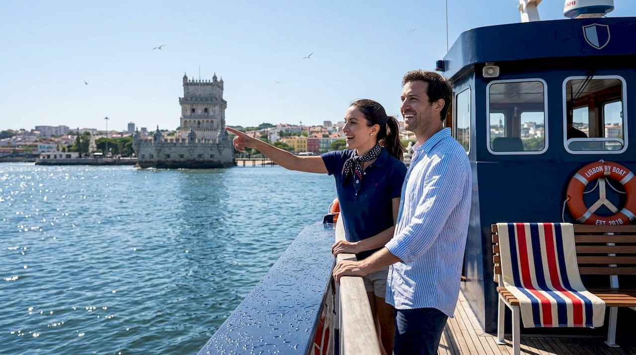 Tourists viewing Lisbon skyline from boat deck