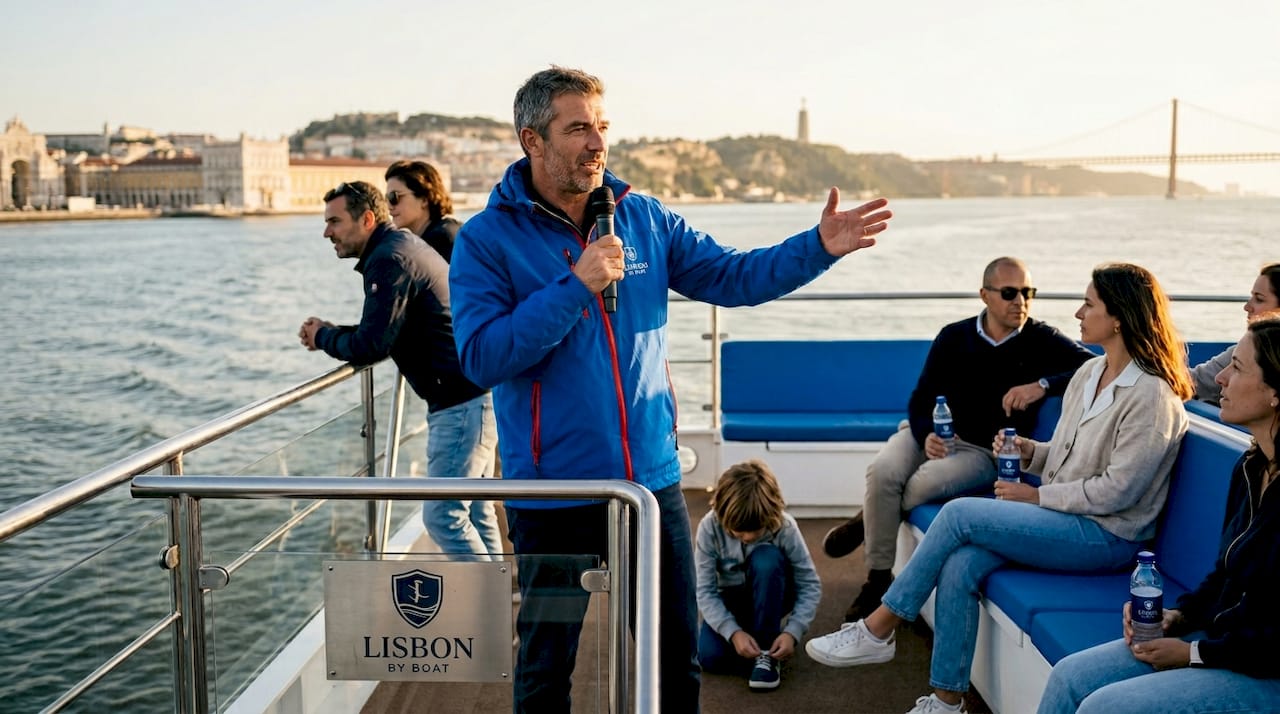 Guide narrating Lisbon landmarks on boat cruise