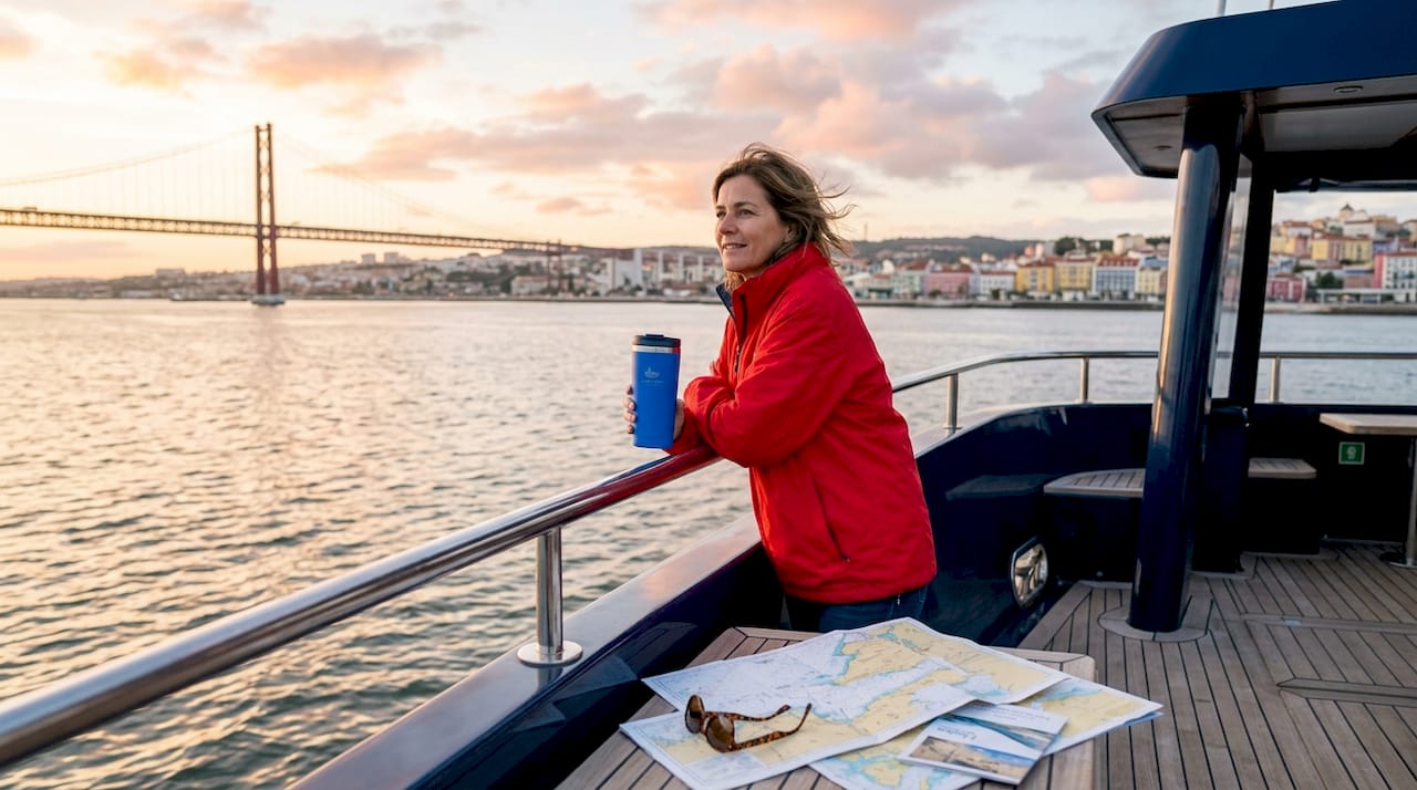 Woman enjoying sunrise on Lisbon river cruise