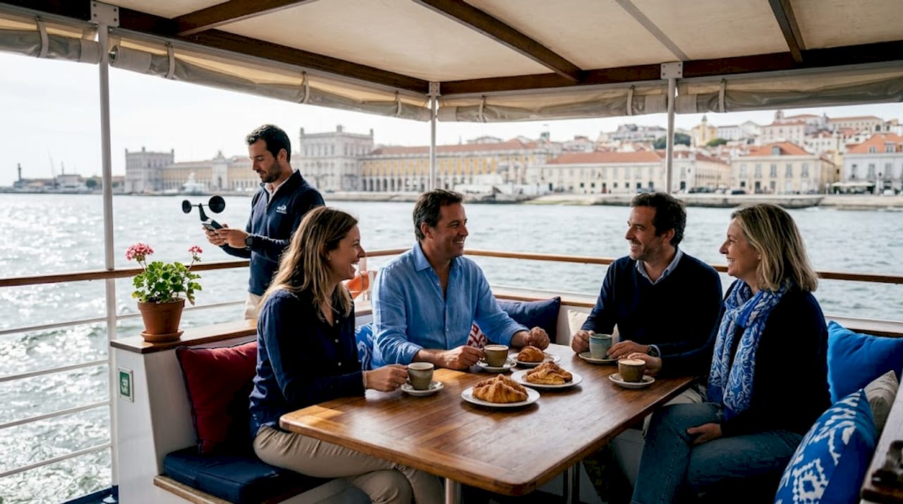 Group sharing breakfast on Lisbon river boat