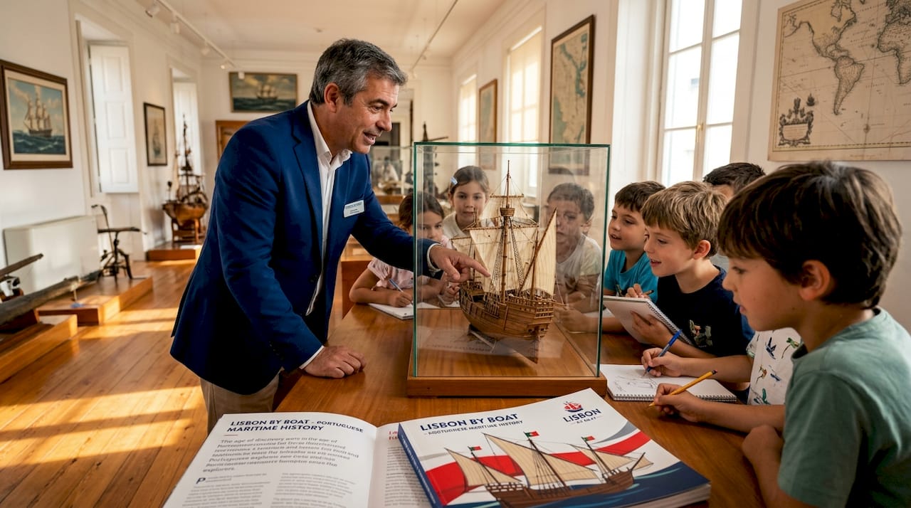 Guide explains Portuguese caravel museum model