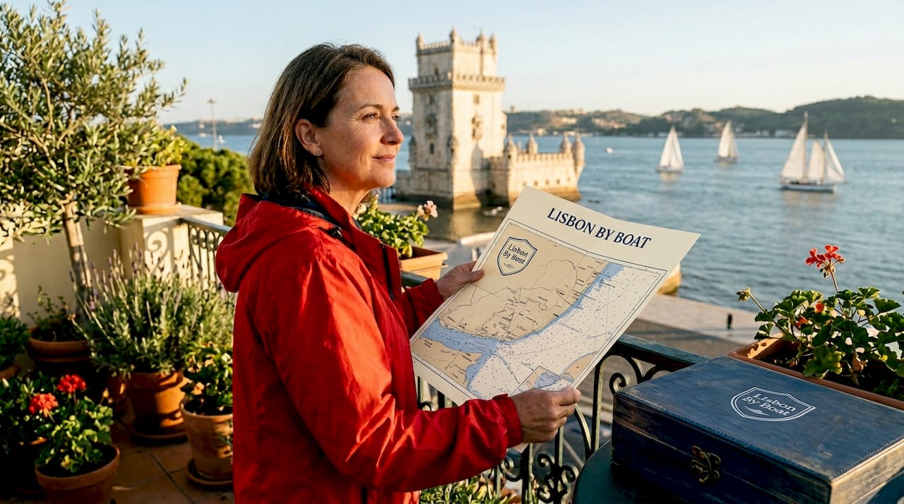 Woman overlooks Lisbon’s Tagus waterfront promenade