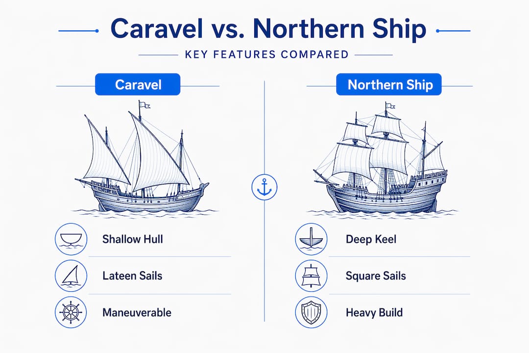 Infographic comparing caravel to northern ship features