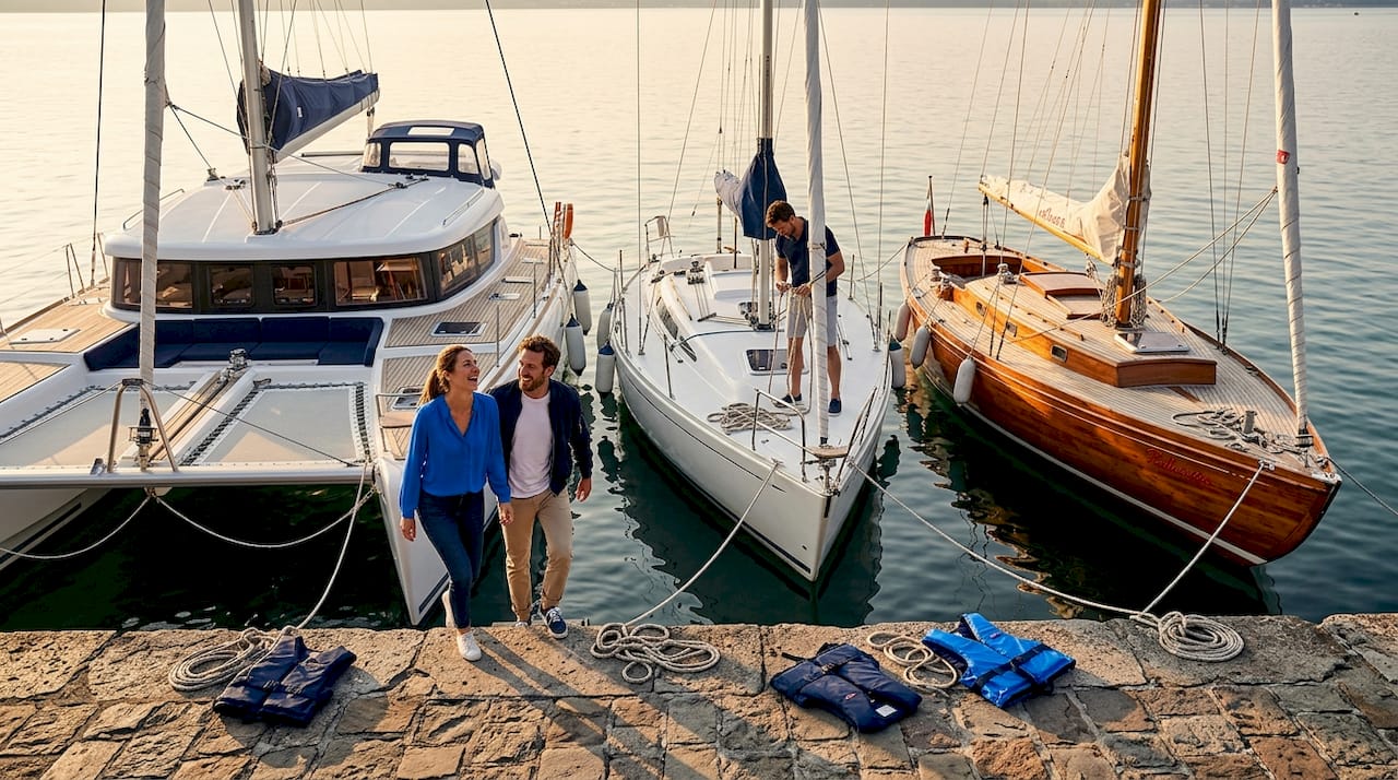 Three sailboat types moored at Lisbon dock