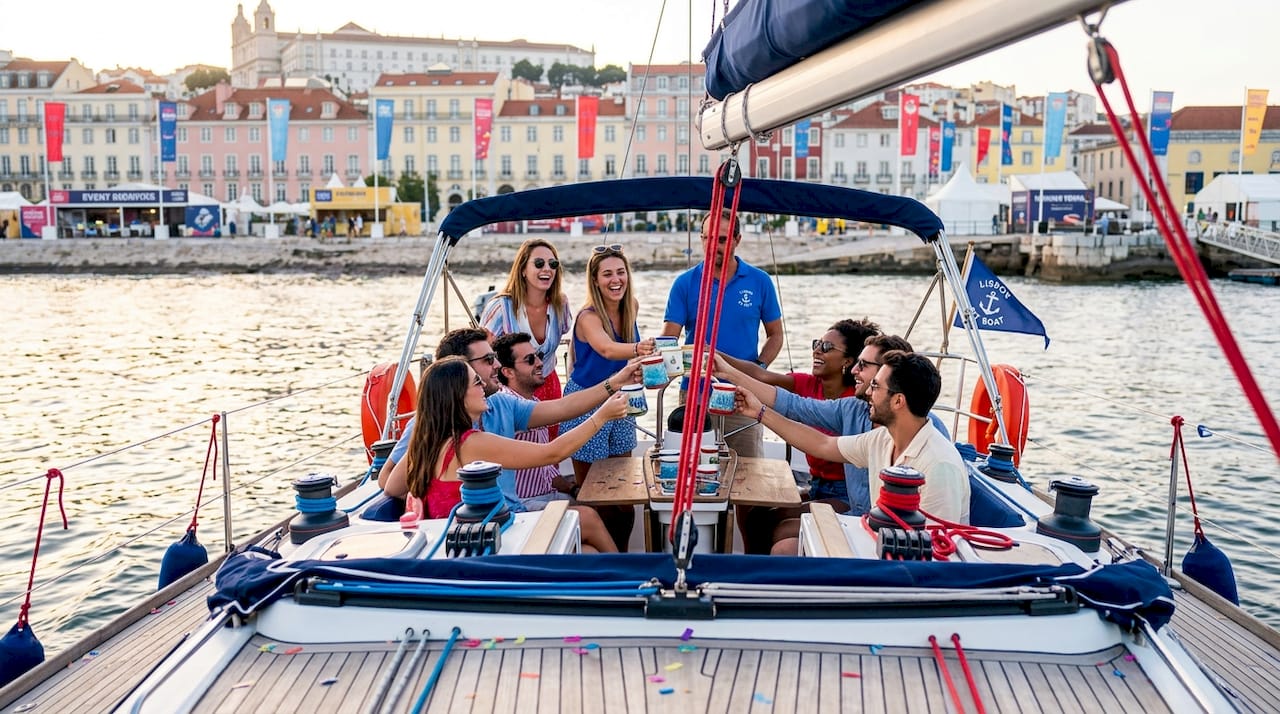 Friends enjoying Lisbon festival from sailboat