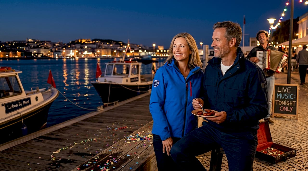 Couple watching Lisbon festival lights by water