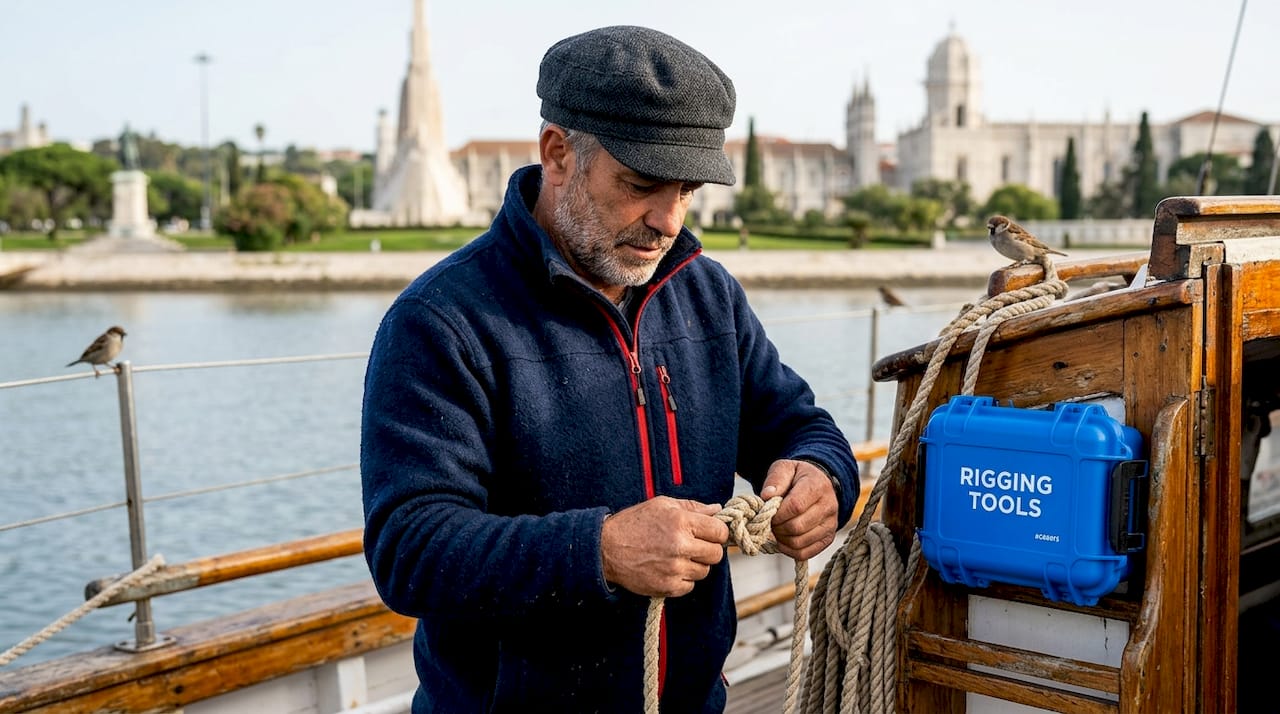 Lisbon captain prepping historic boat ropes