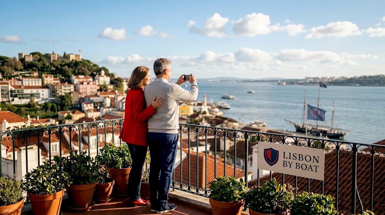 Couple admiring Lisbon skyline from castle
