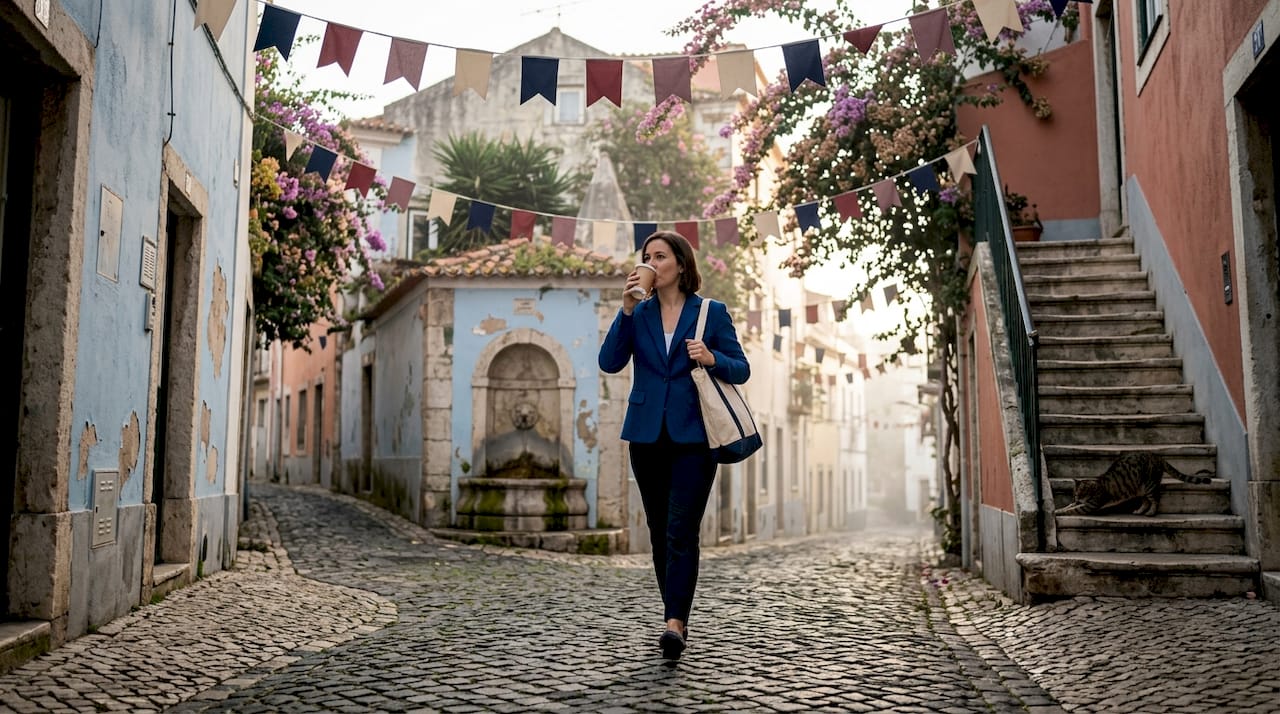 Woman strolling empty Alfama street morning