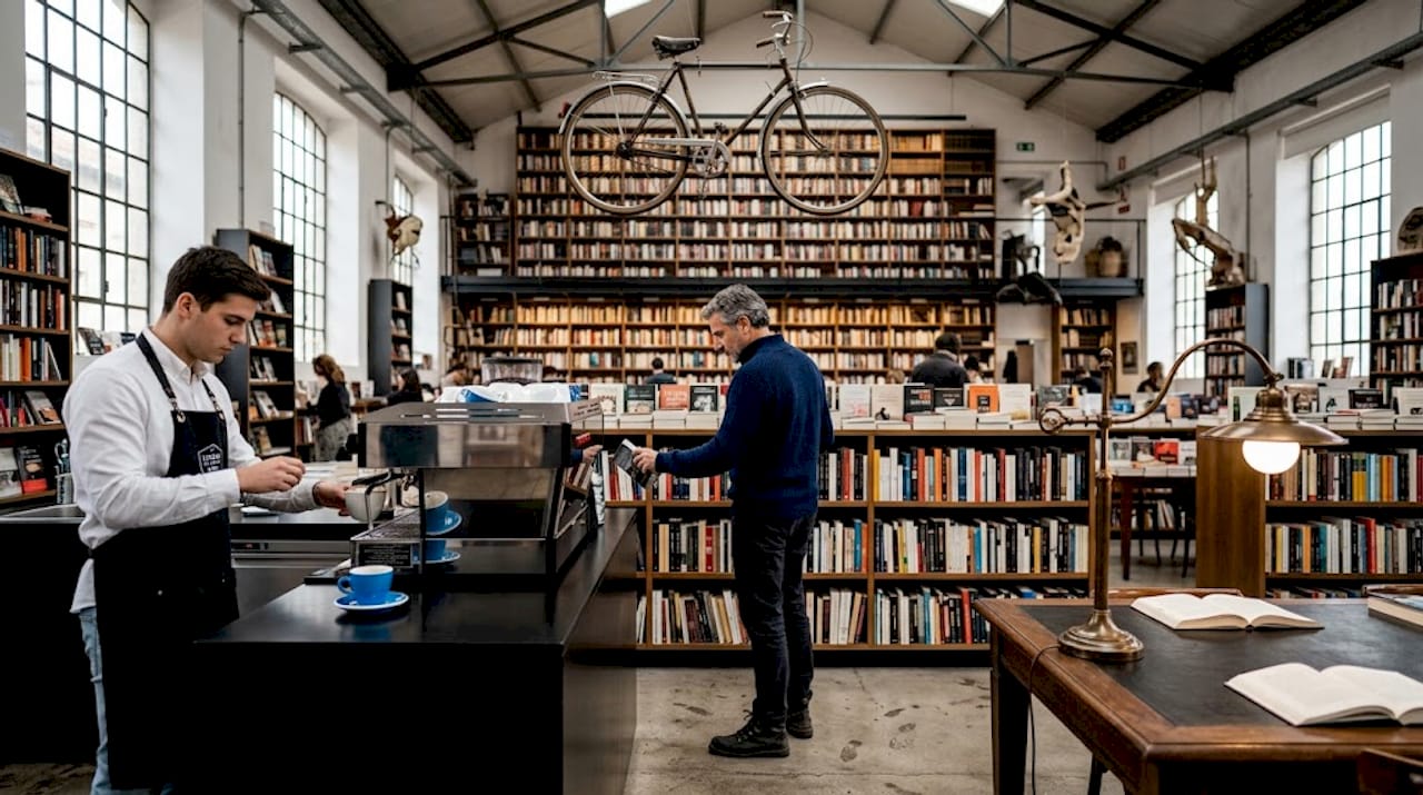 Browsing books inside Ler Devagar bookstore