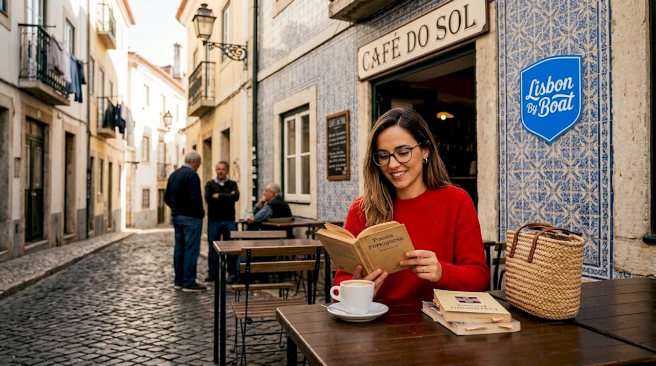 Traveler reading book near Lisbon bookstore