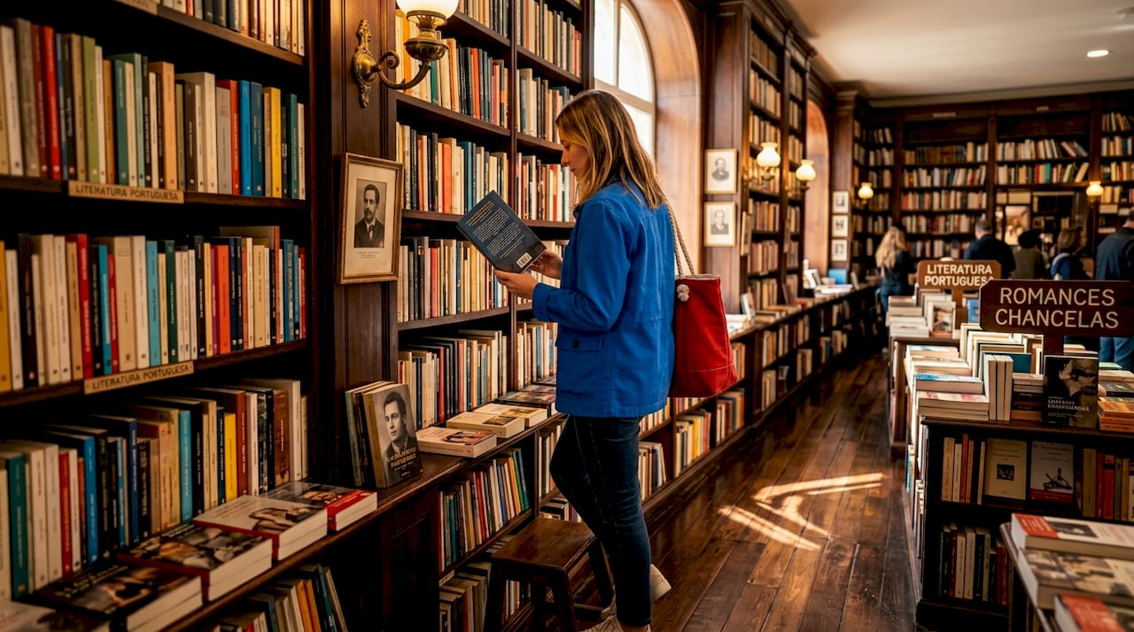 Bookstore visitor browsing classic Lisbon shelves