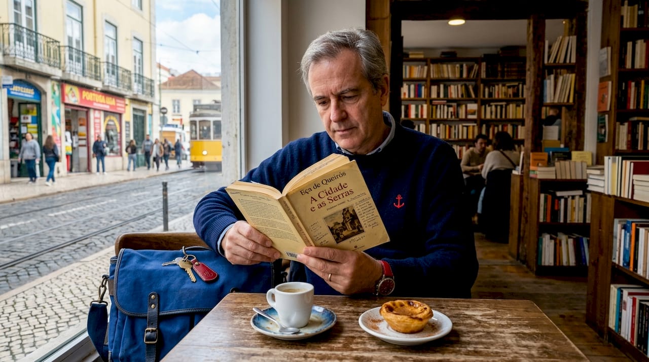 Man reading book in Lisbon café setting