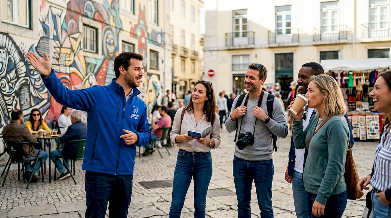 Tour guide with group in Lisbon street