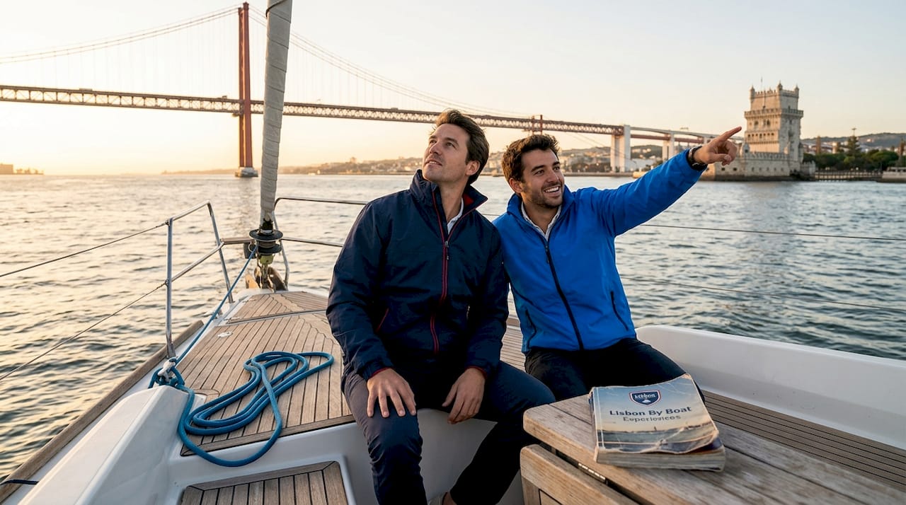 Friends sightseeing aboard sailboat near Lisbon bridge