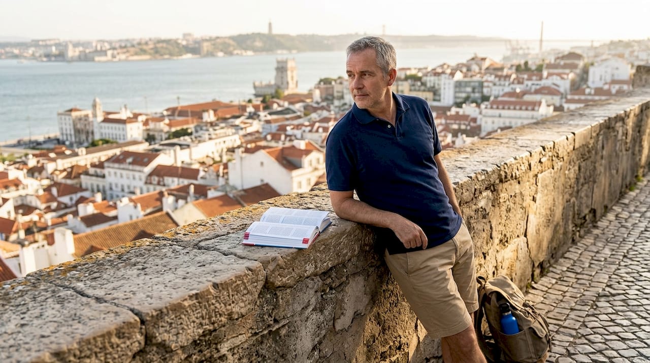 Man viewing Lisbon historic monuments panorama