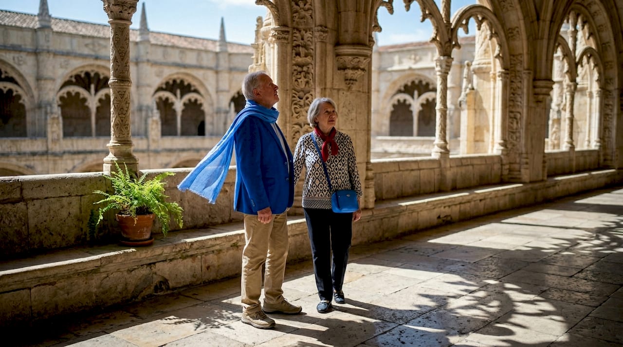 Visitors walking in Jerónimos Monastery cloisters