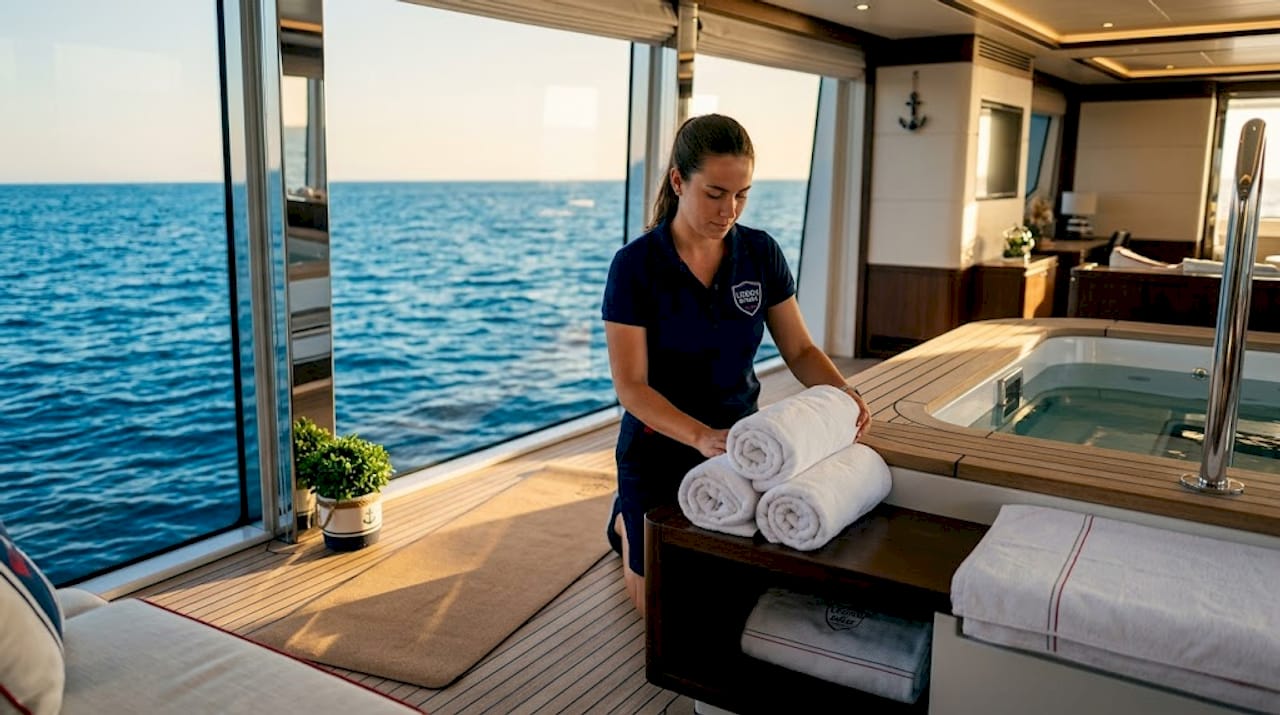 Crew preparing spa pool wellness area