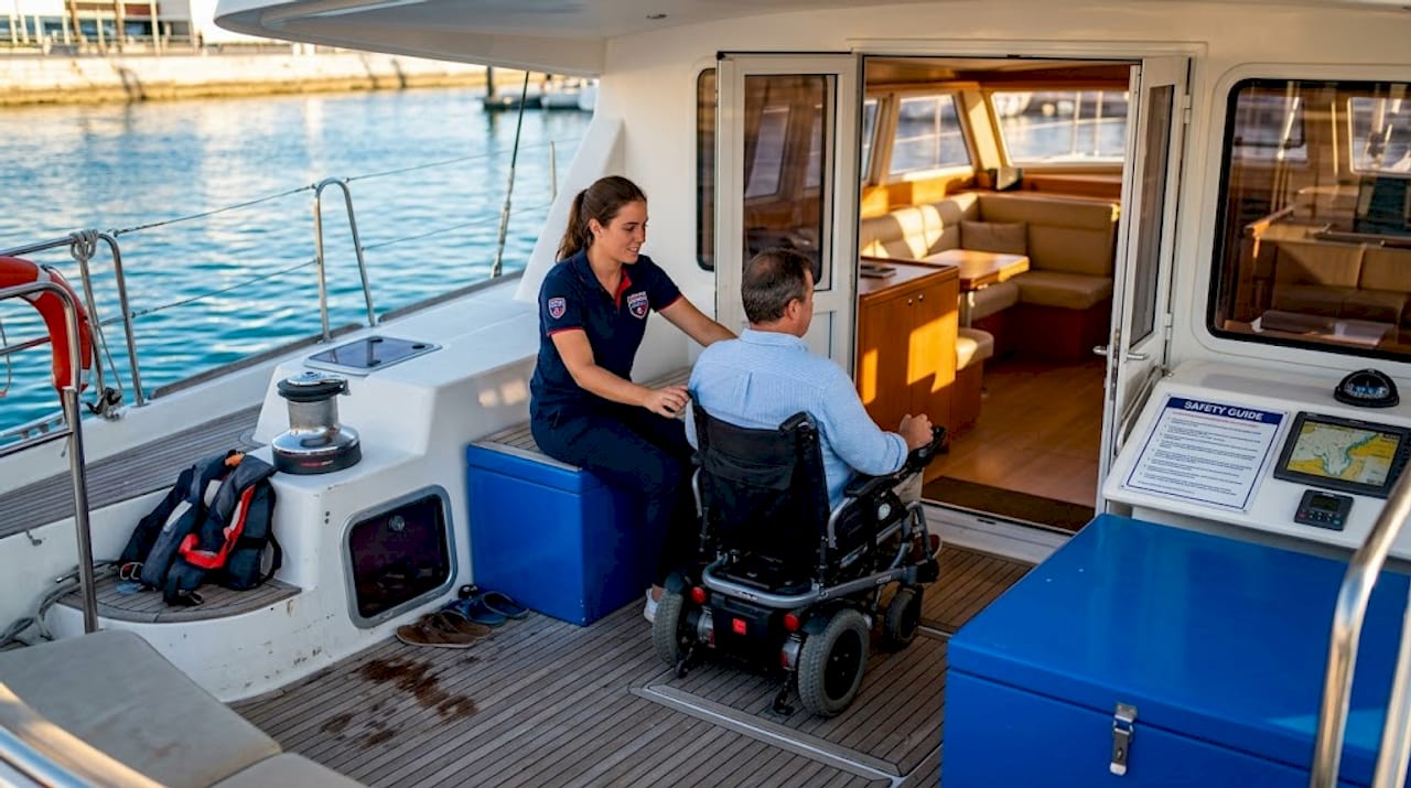 Wheelchair user boarding catamaran with crew support