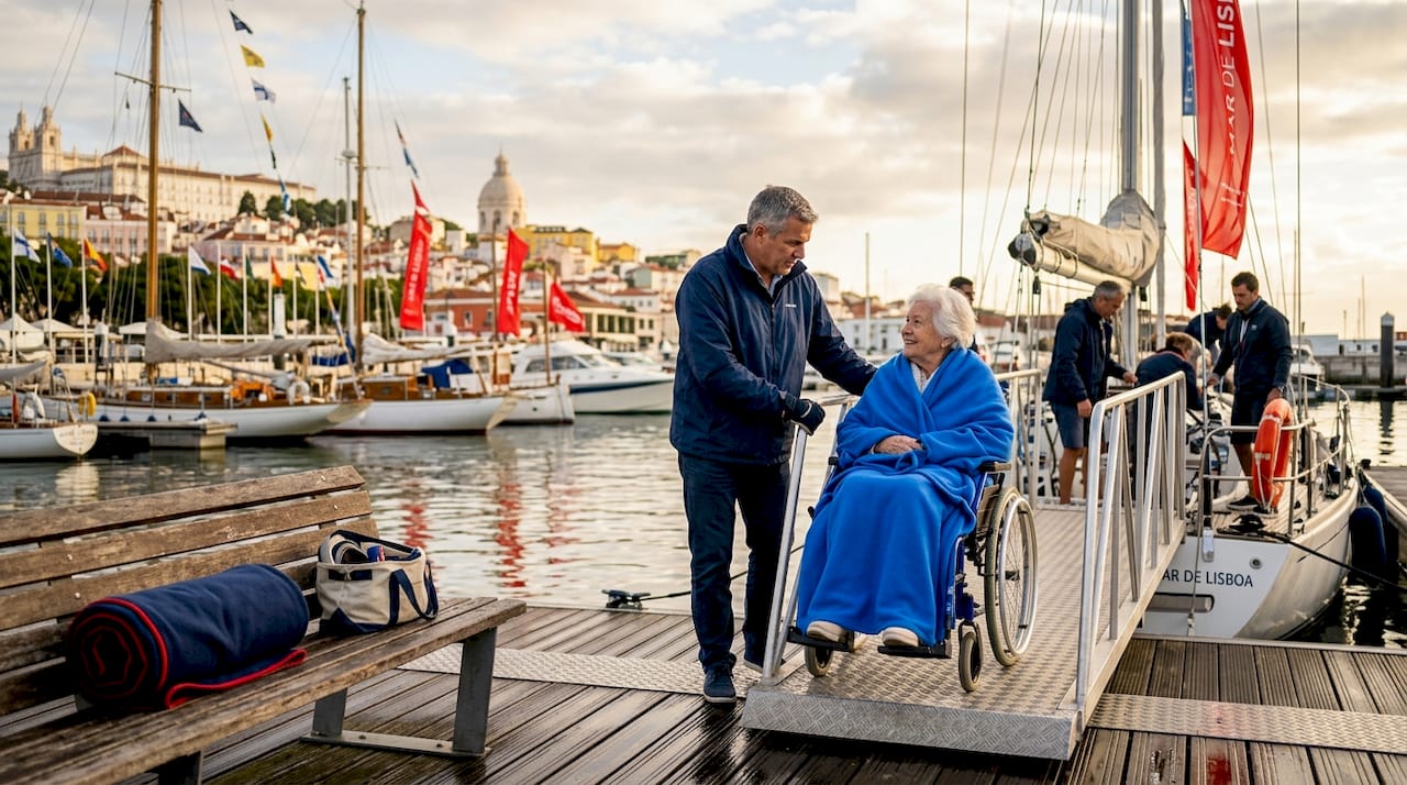 Travelers using ramp to board accessible sailboat