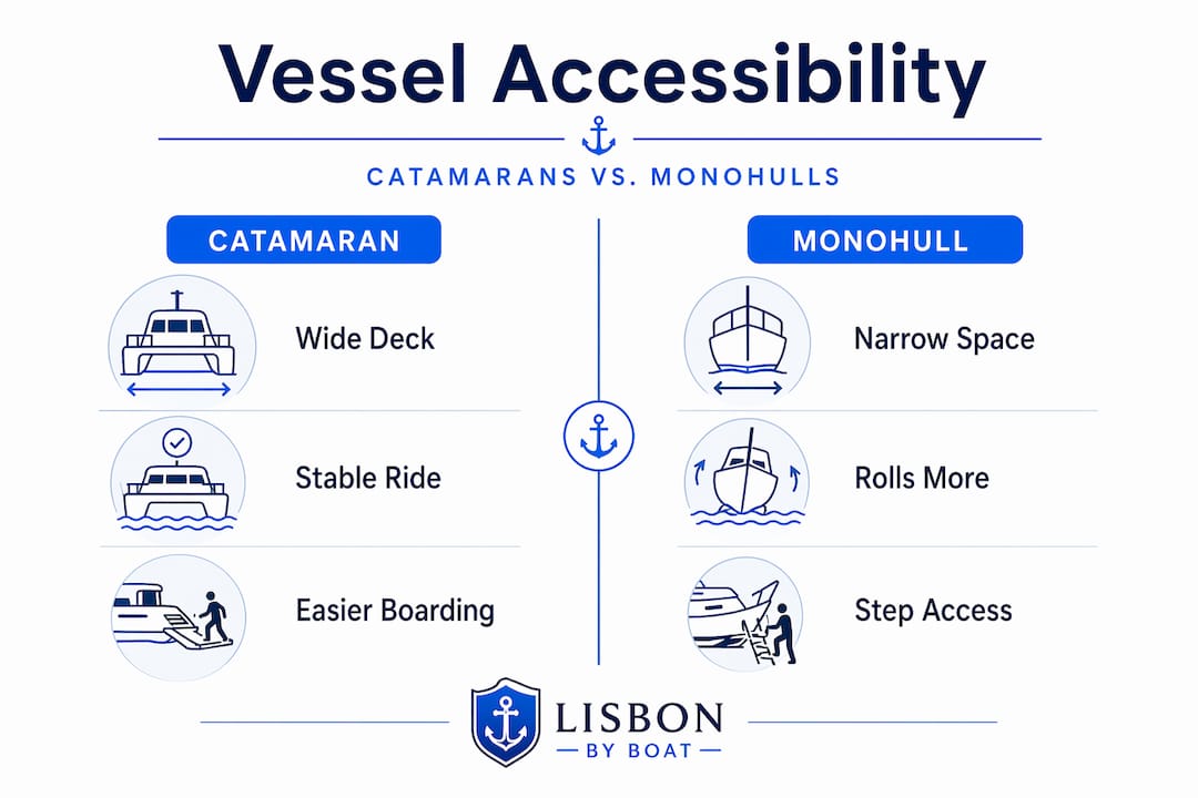 Infographic comparing catamaran versus monohull accessibility