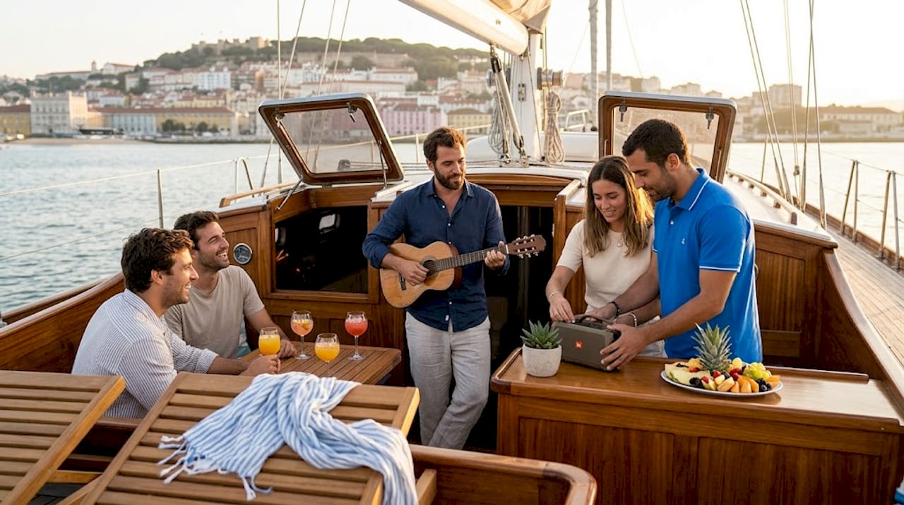 Friends organizing live music on yacht deck