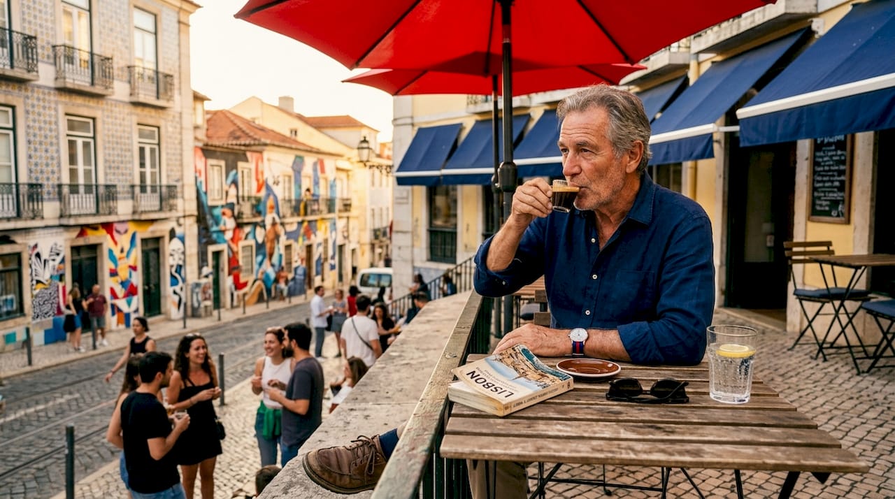 Traveler relaxing in Lisbon afternoon café