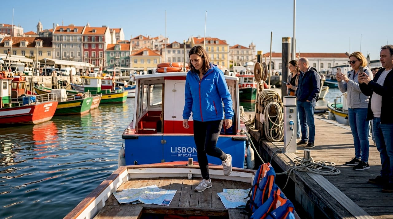 Traveler boarding boat for sightseeing city tour