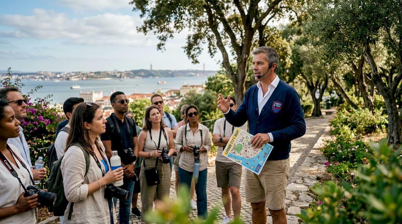 Tour guide briefing a group outdoors