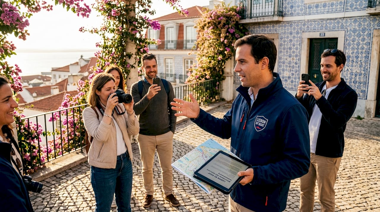 Tour guide leading custom Lisbon tour group