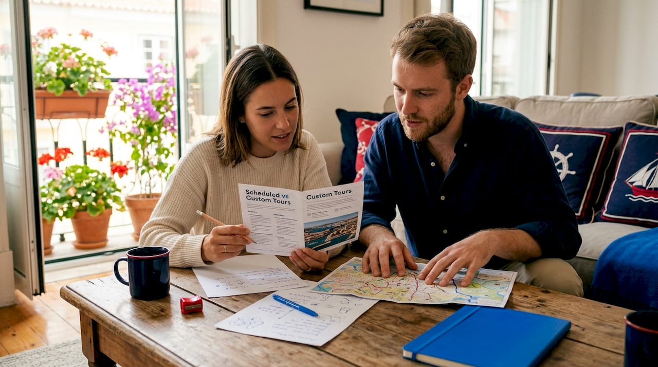 Couple planning Lisbon tours at kitchen table