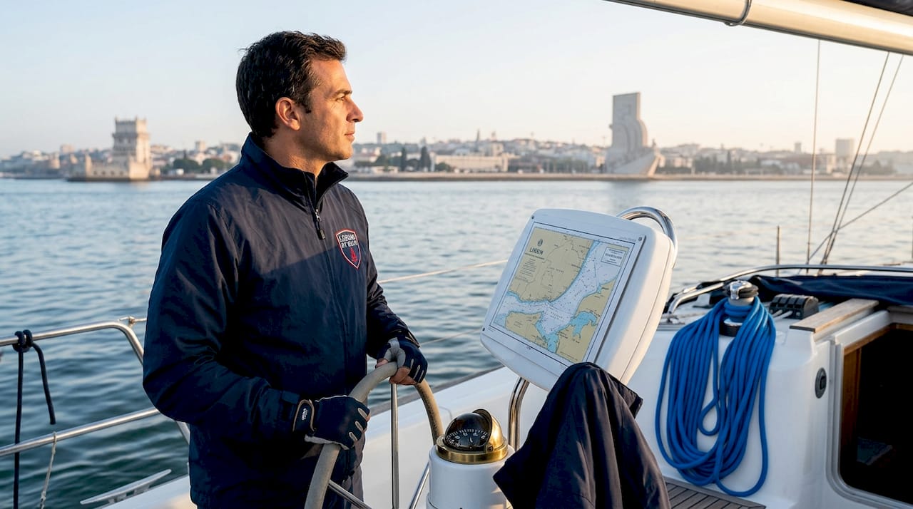 Licensed skipper steering boat in Lisbon marina