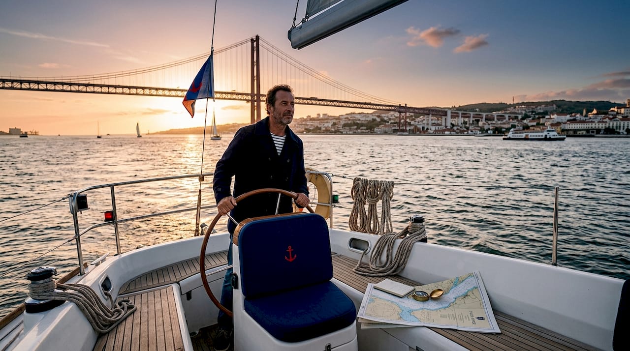 Skipper handling sail on boat near Lisbon