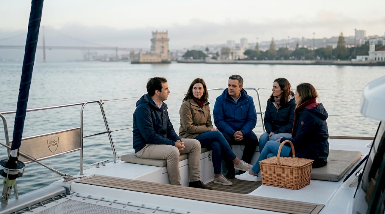 Morning catamaran cruise passengers in Lisbon sunrise