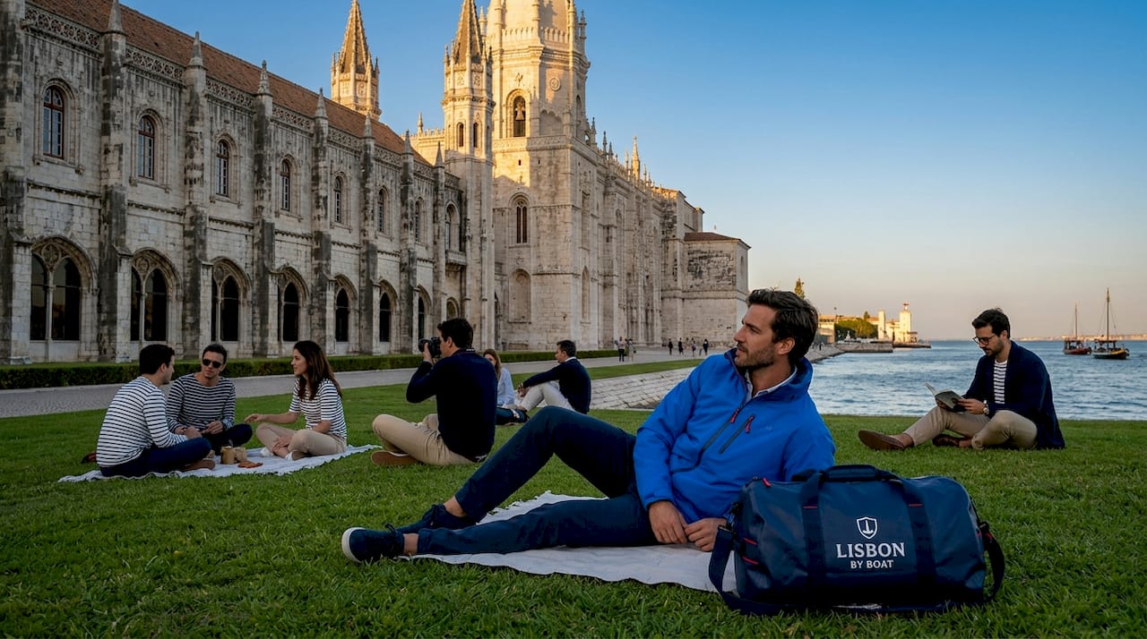 Jerónimos Monastery with tourists near riverfront