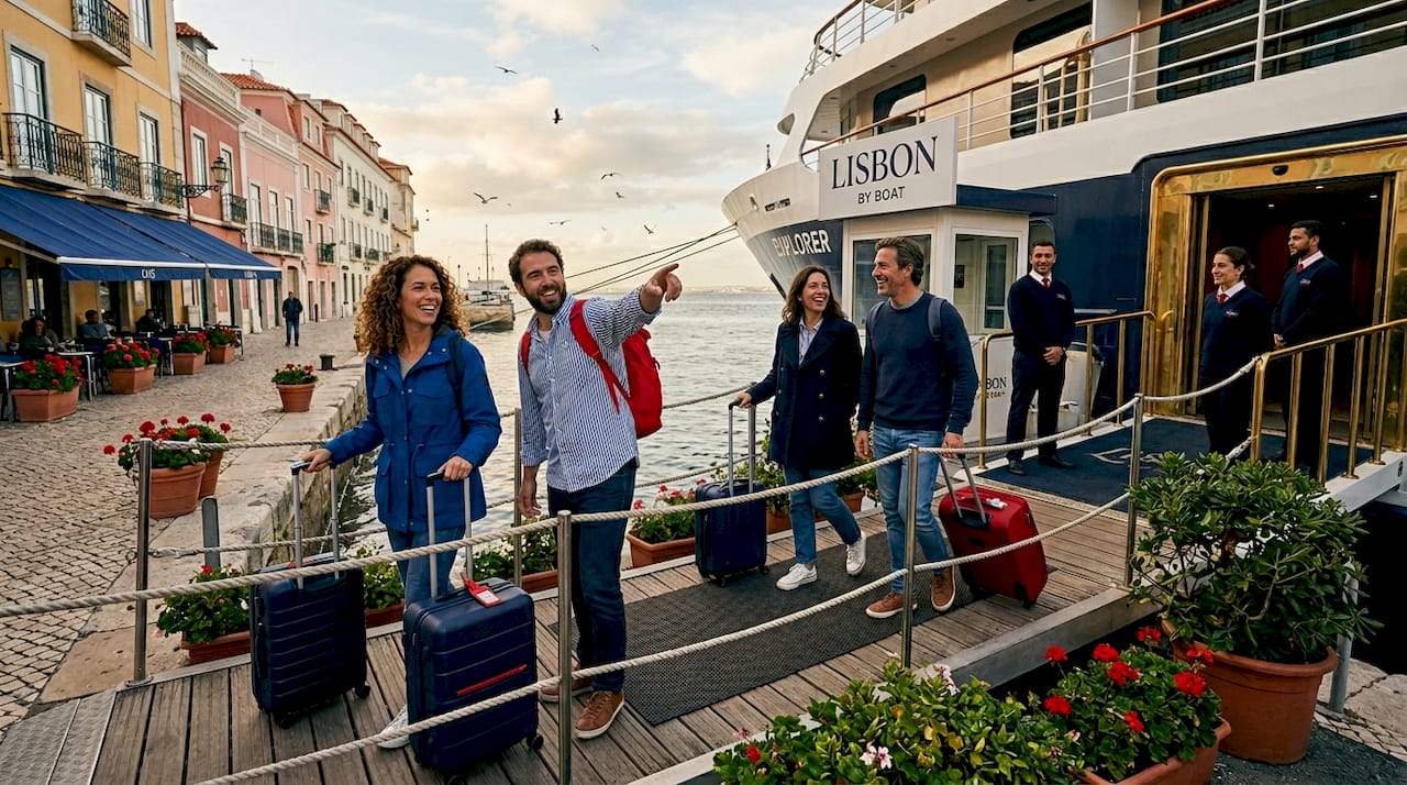 Travelers boarding cruise ship at port