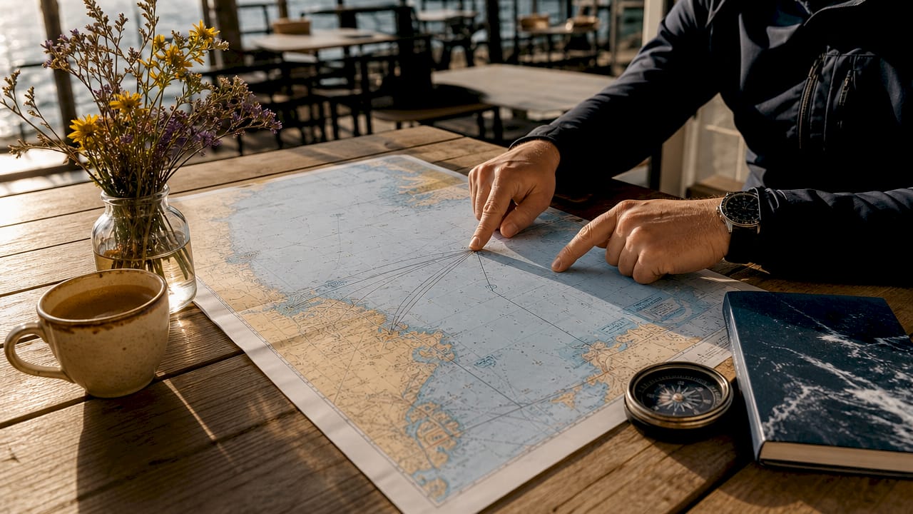 Hands pointing at Lisbon sailing route map