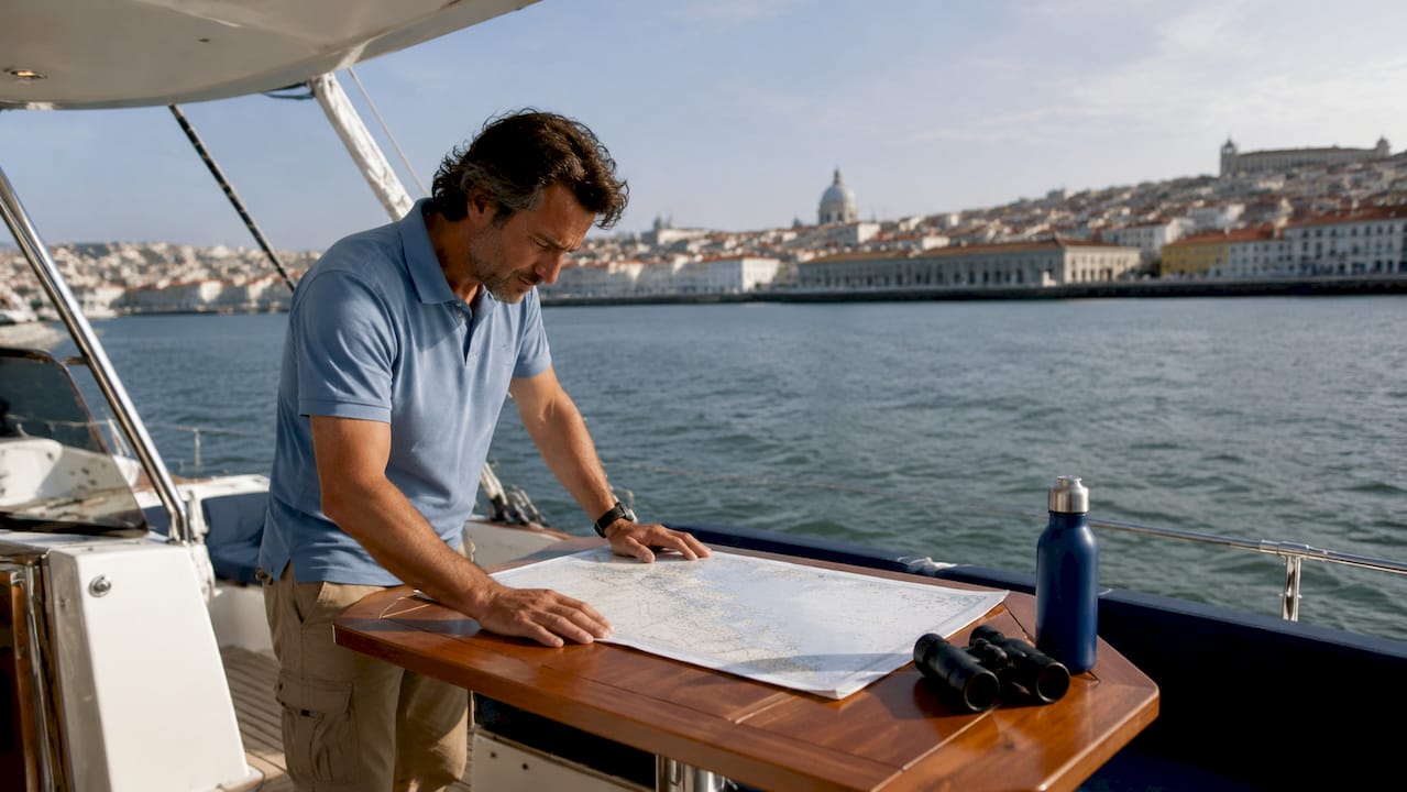 Traveler on sailboat deck checking nautical chart Lisbon