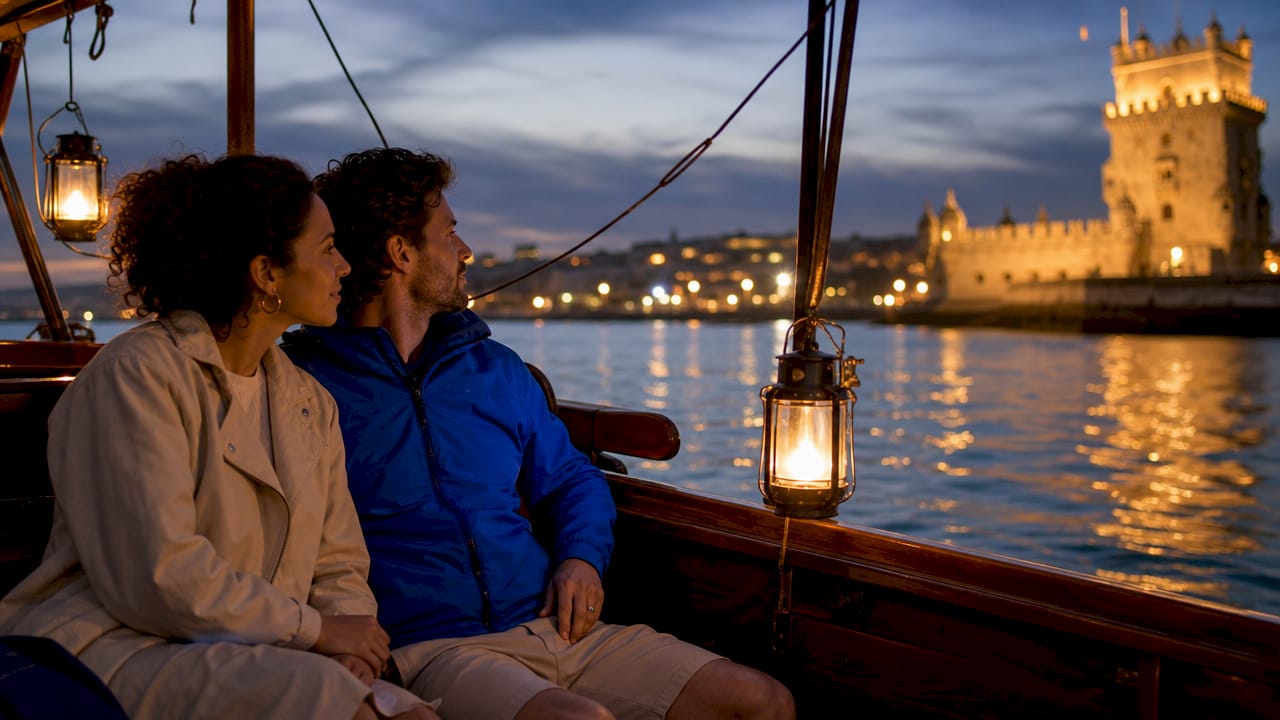 Couple on illuminated boat cruising Lisbon river at night